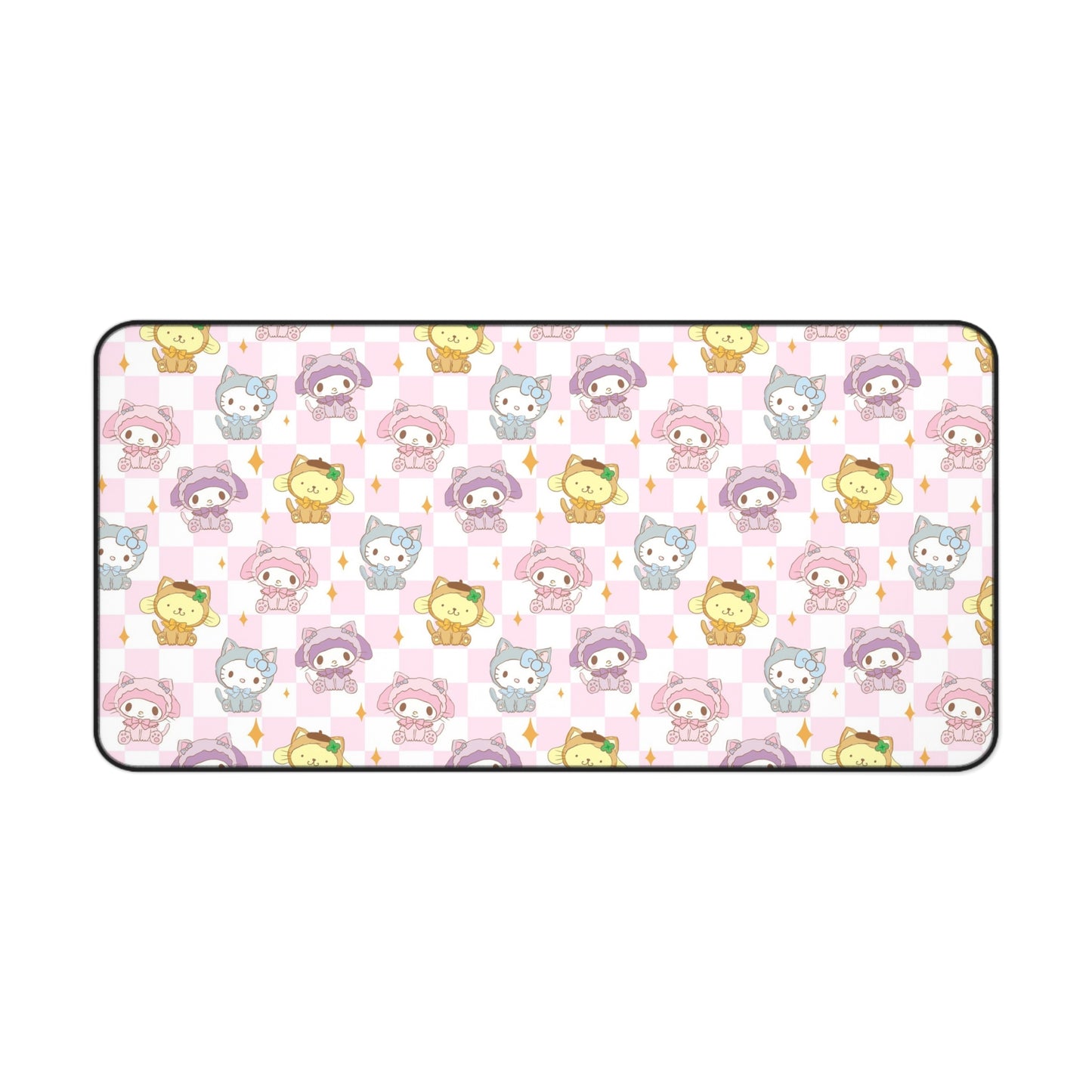 Soft Pink Checkered Hello Kitty Desk Mat | Cute Kawaii Character Desk Mat | Pastel Sanrio Desk Mat