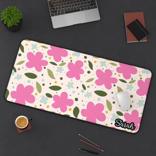 Personalized Pink Flowers and Leaves Desk Mat | Cute Desk Pad