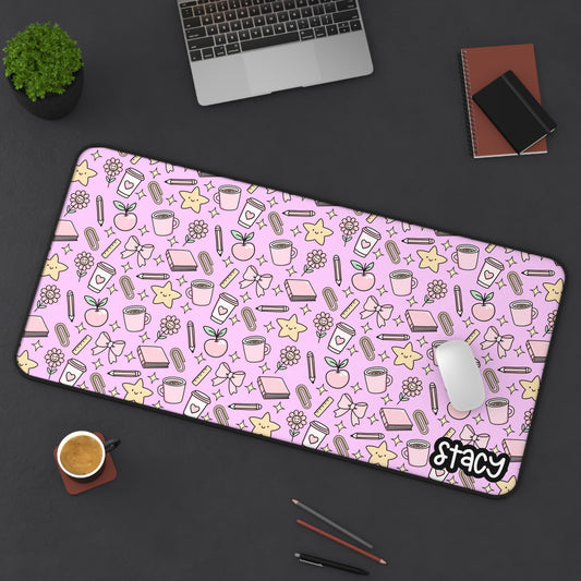 Cute Teacher Themed Desk Mat Pink, Charming Desk Mat with Cute Stationery Design, Office Decor, Custom Desk Accessories, Gift for Students, Aesthetic Work Space