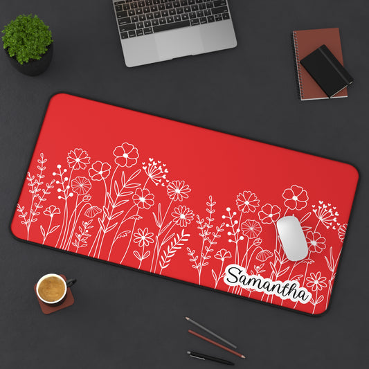 Minimalist Flower Field Personalized Desk Mat Red | Personalized Desk Mat | Cute Desk Pad