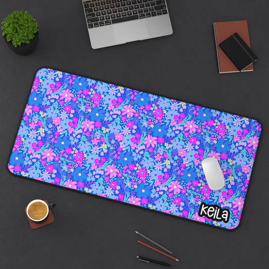 Personalized Cute Vibrant Color Floral Desk Mat Blue & Pink| Cute Desk Pads