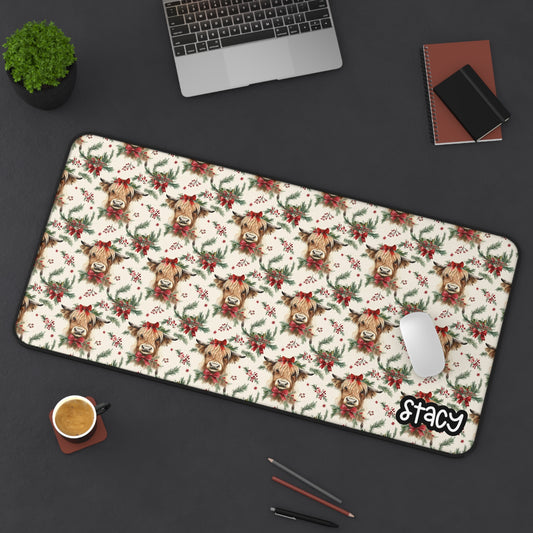 Christmas Highland Cows Pattern Desk Mat — Personalized Holiday Mouse Pad