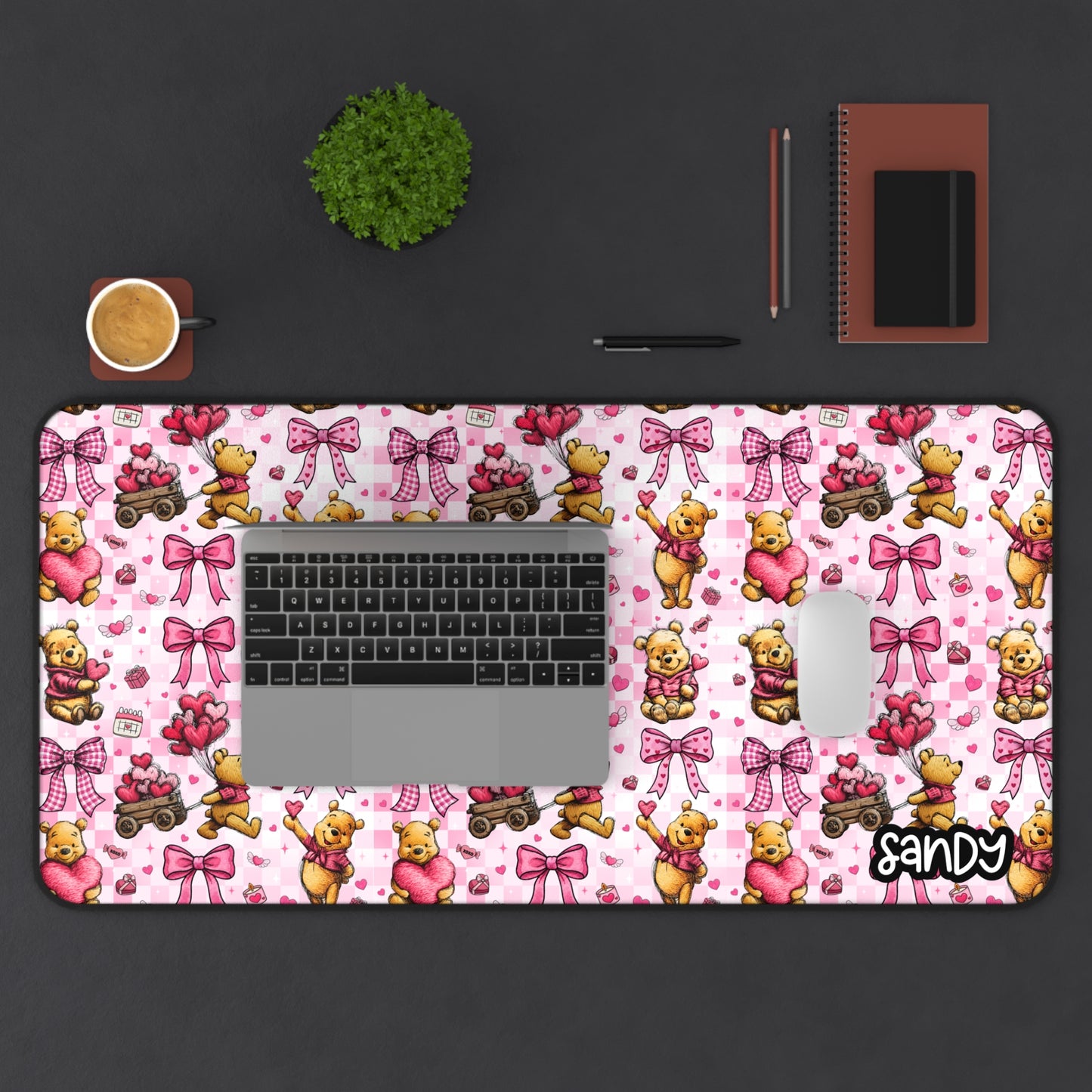 Cute Winnie the Pooh Bear Valentine Pink Desk Mat — Personalized Gaming/Office Mousepad