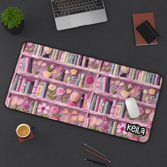 Personalized Desk Mat | Pink Bookshelf Embroidered Style Desk Mat | Cute Desk Pads