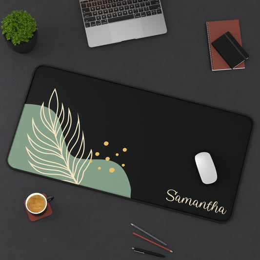 Personalized Boho Golden Leaf Black Desk Mat | Cute Desk Pad