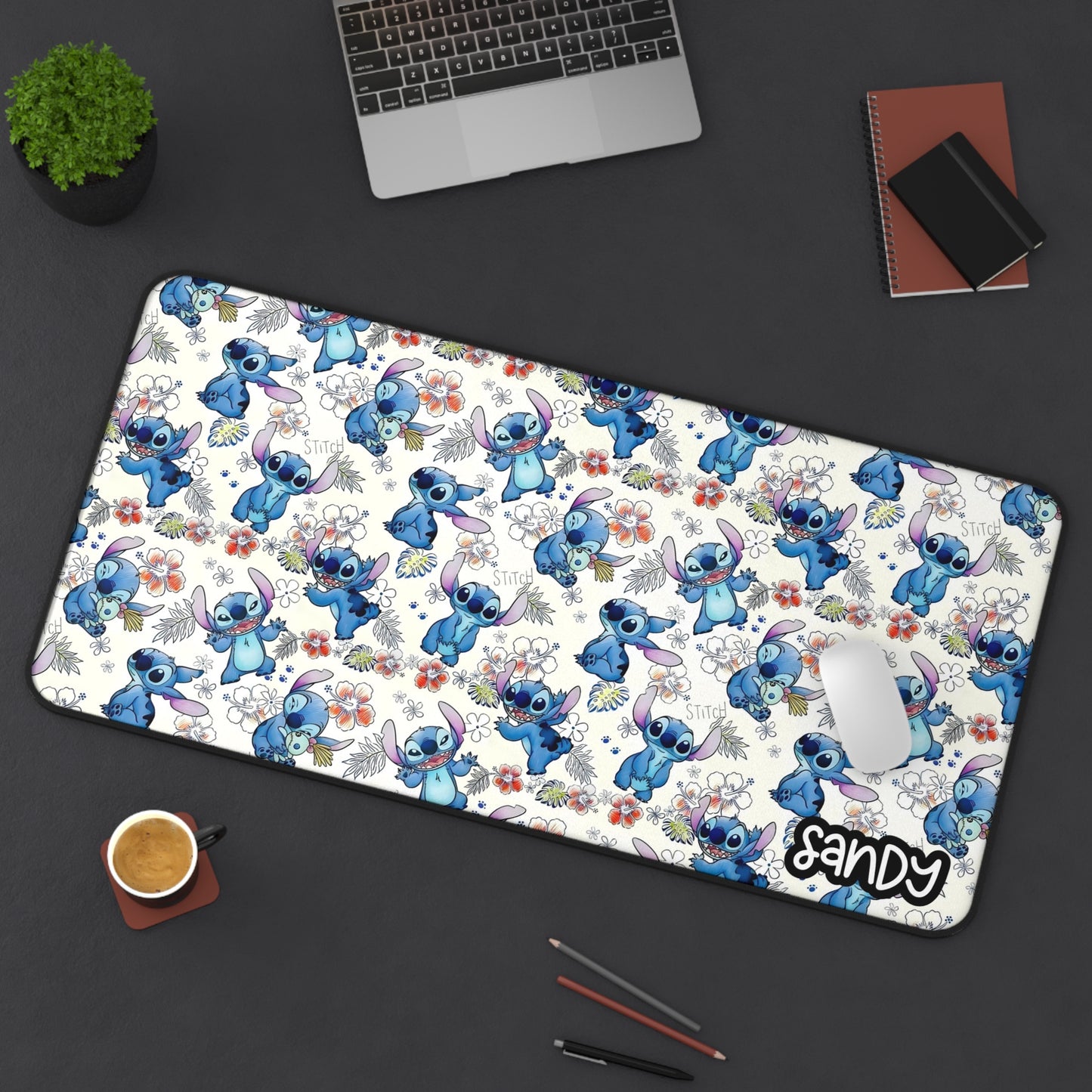 Kawaii Blue Alien Pattern Desk Mat — Cute Blue Cartoon Character Mouse Desk Pad