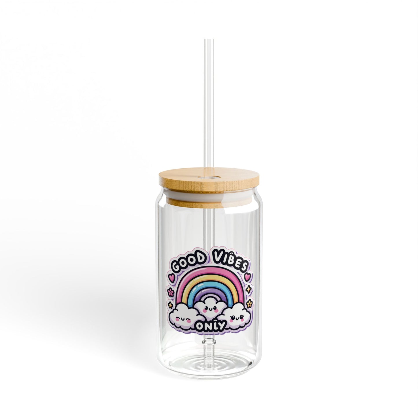 Good Vibes Only Glass Cup, 16oz | With Lid & Straw