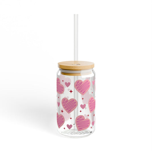 Pink Valentine’s Glass Cup, 16oz | With Lid & Straw