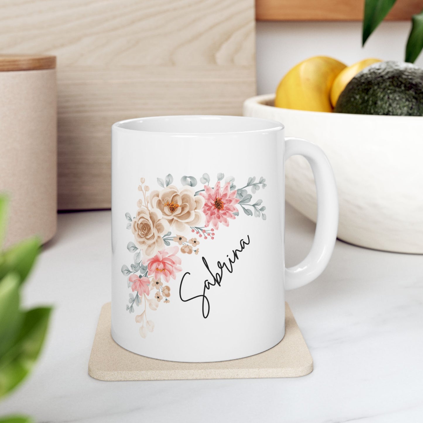 Personalized Coffee Mug (11oz) - Cute Floral Mug with Name