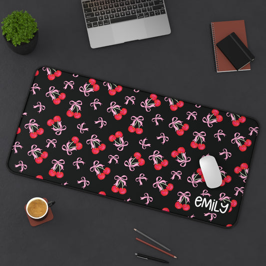 Personalized Coquette Cherries Black Desk Mat | Cute Desk Pads