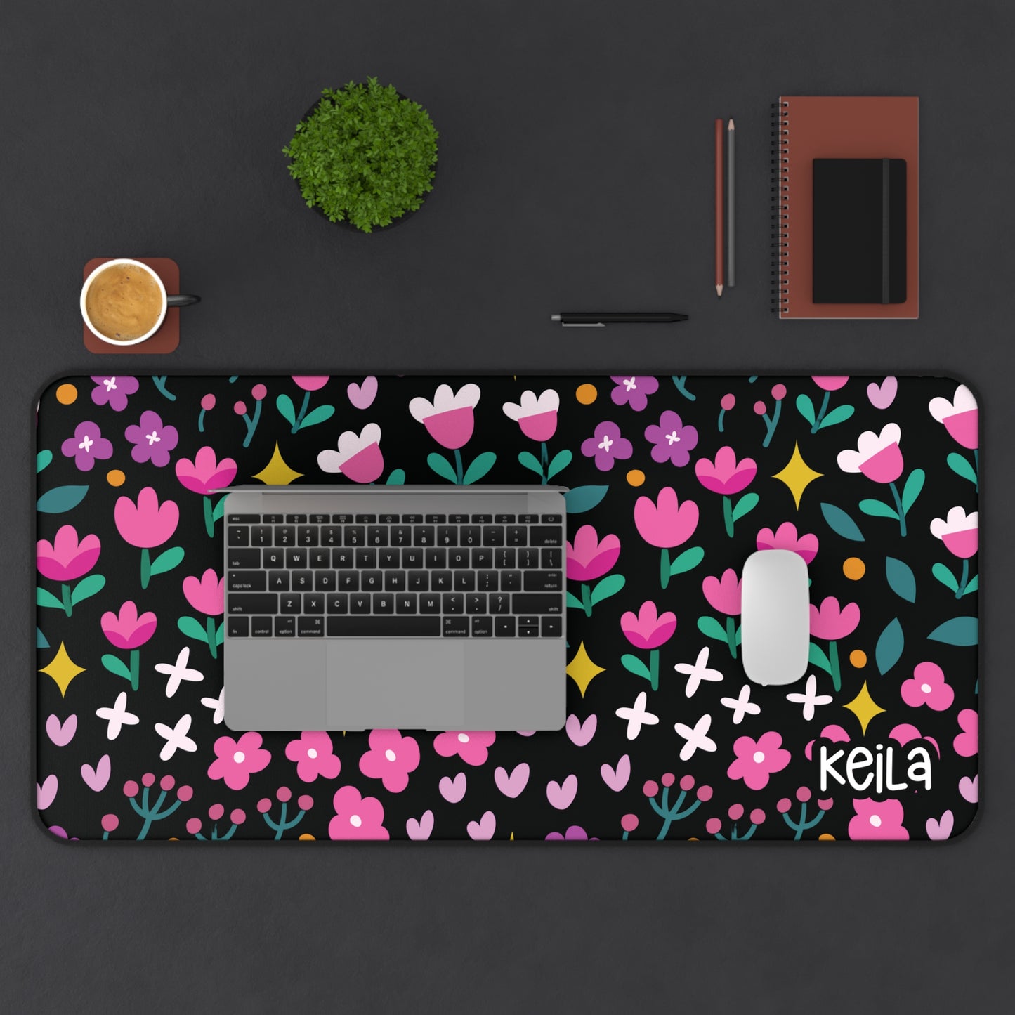 Personalized Cute Black and Pink Floral Desk Mat | Cute Desk Pads