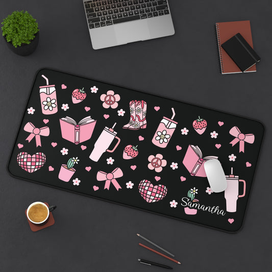 Custom Pink & Black Aesthetic Desk Mat – Personalized Name | Pink Cowgirl Boots, Books, Bows & Blossoms Design