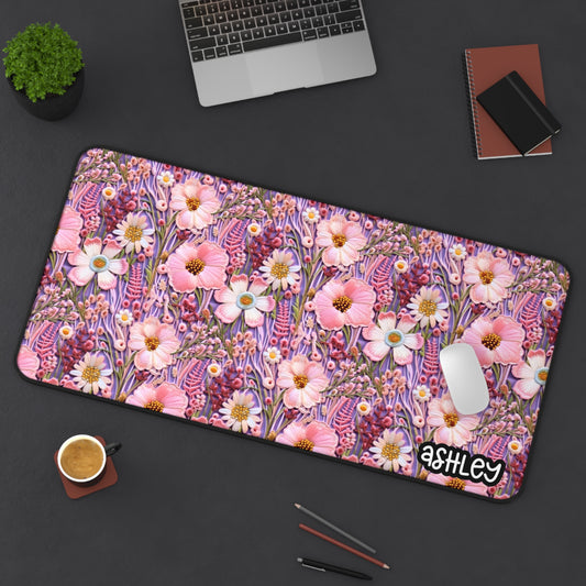 Embroidery Style Floral Desk Mat | Pink Flower Mouse Pad, Office Decor, Workspace Accessory, Gift for Her, Gaming Desk Mat