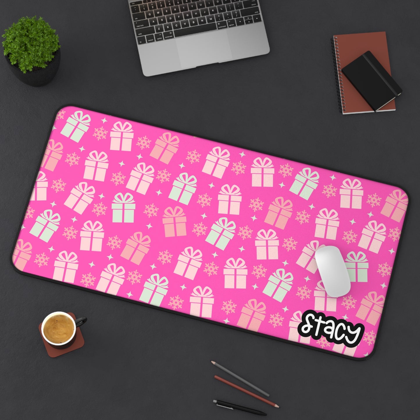 Personalized Pink Christmas Gift-Themed Desk Mat