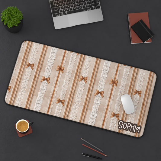 Brown Vintage Lace & Bows Desk Mat — Personalized Brown Cottagecore Mouse Pad
