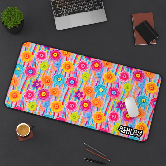 Embroidery Style Floral Desk Mat, Cottagecore Desk Mat, Colorful Floral Desk Mat, Vibrant Office Decor, Flower Pattern Mouse Pad, Workspace Accessory, Gift for Her, Desk Accessories