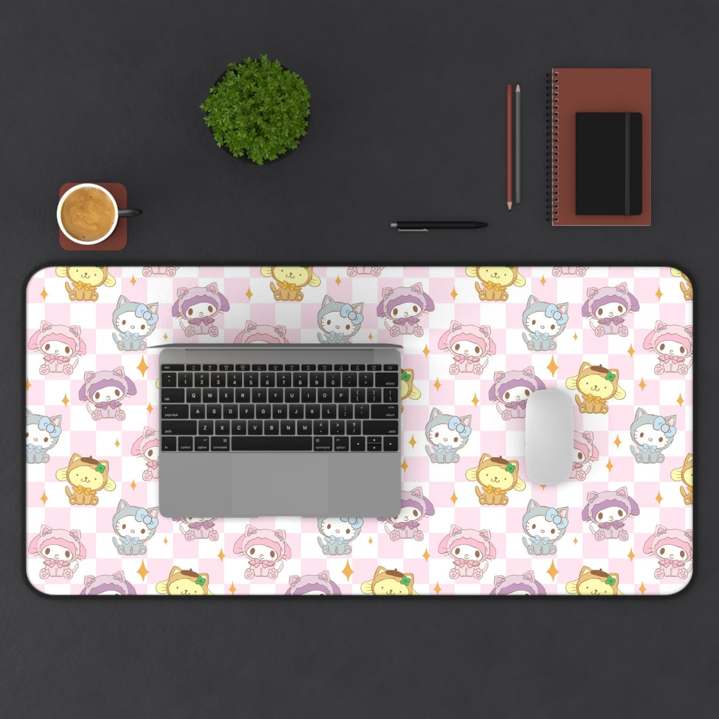 Soft Pink Checkered Hello Kitty Desk Mat | Cute Kawaii Character Desk Mat | Pastel Sanrio Desk Mat