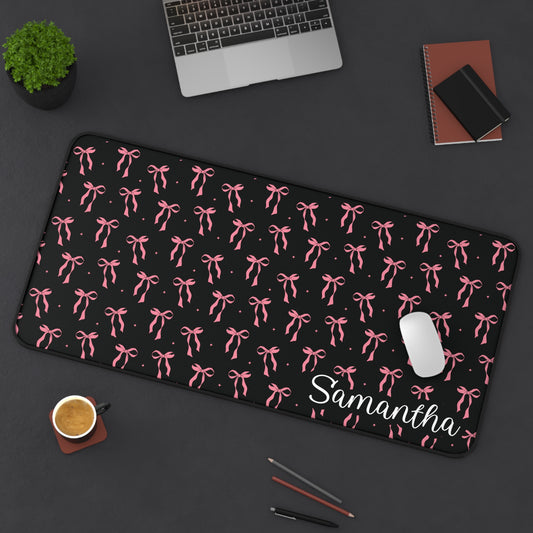 Personalized Coquette Pink Bows Black Desk Mat | Cute Desk Pad