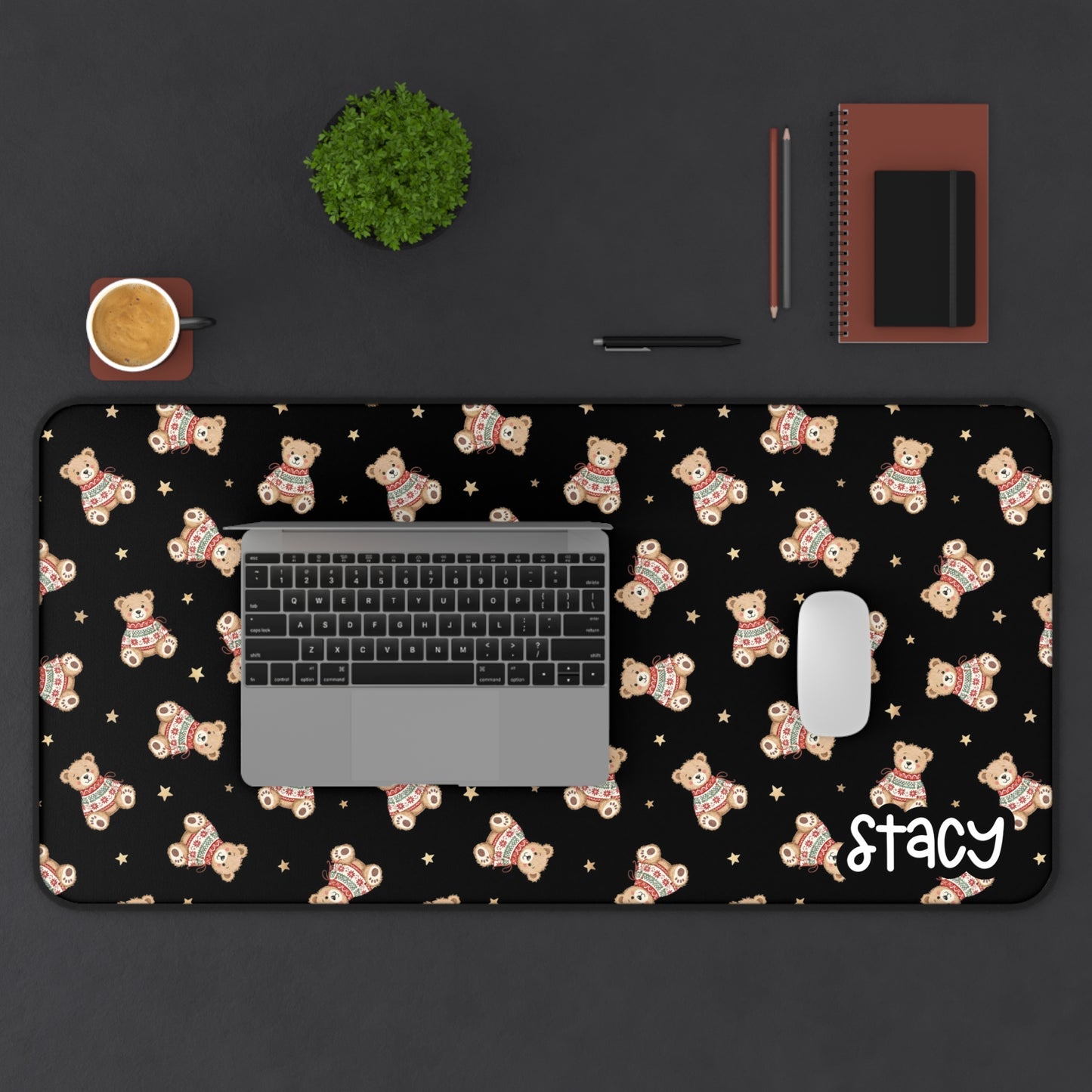 Cute Holiday Teddy Bear Desk Mat with Personalization for Cozy Workspaces