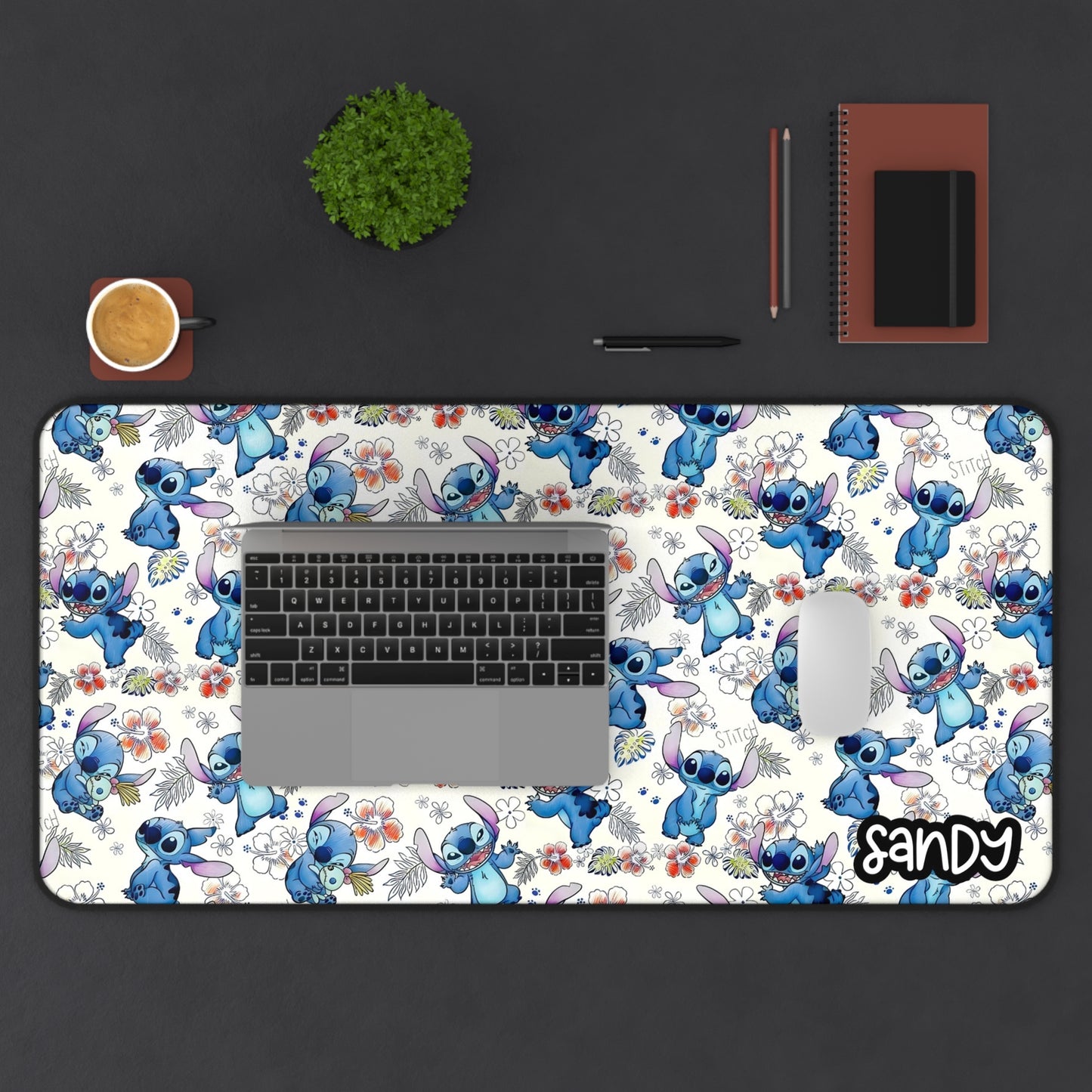 Kawaii Blue Alien Pattern Desk Mat — Cute Blue Cartoon Character Mouse Desk Pad