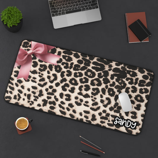 Leopard Print Desk Mat with Pink Bow — Personalized Animal Print Desk Mat