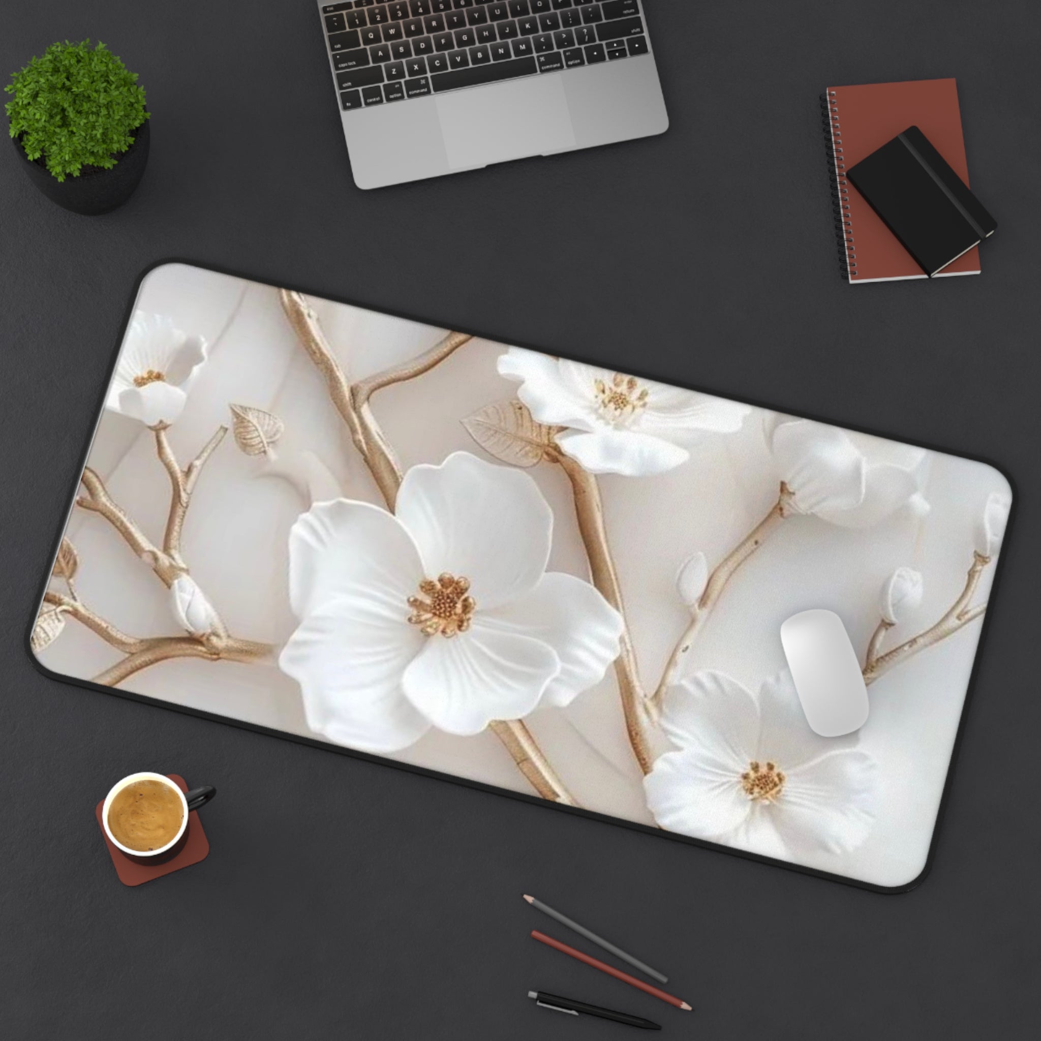 White and Gold Floral Desk Mat, Elegant Floral Desk Mat, Home Office D ...