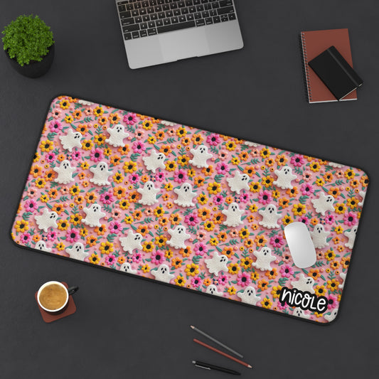 Embroidery Floral Ghost Desk Mat with Personalization, Cute Desk Accessory, Office Decor, Gifts for Her, Halloween Decor, Home Office Essentials