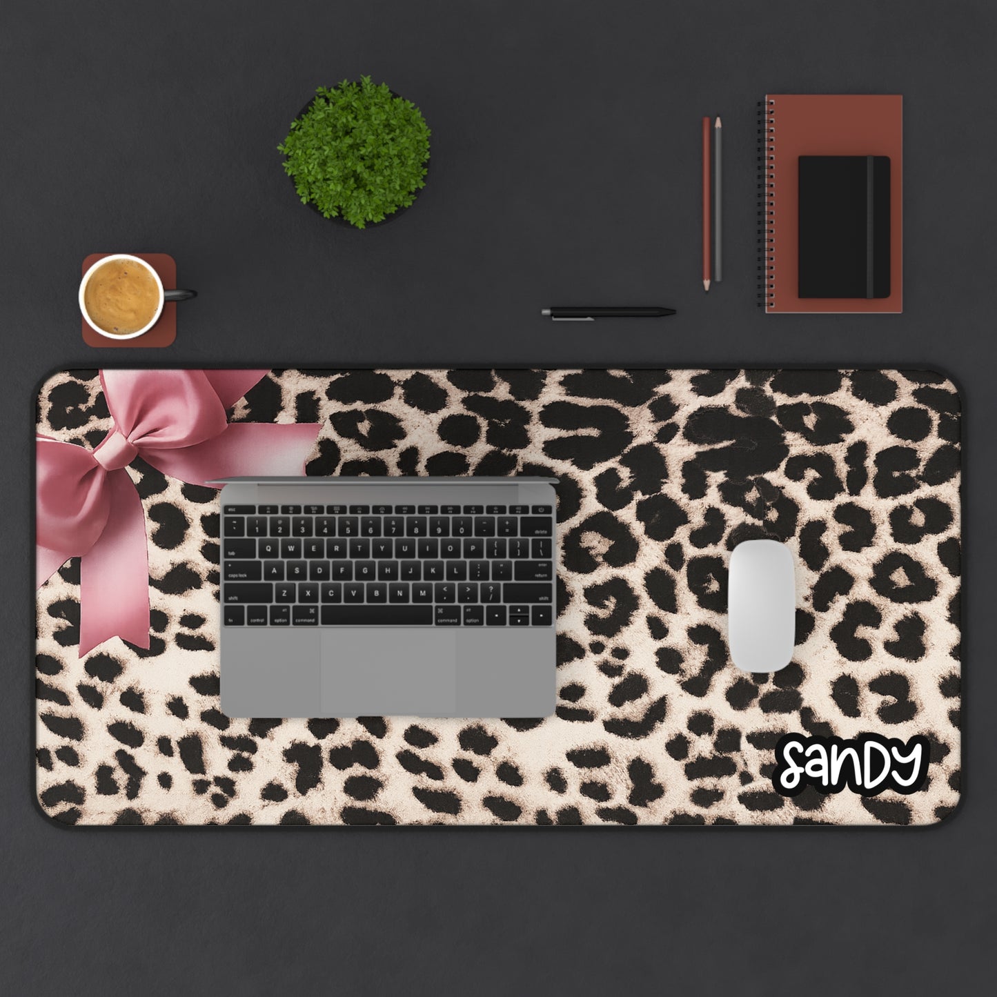 Leopard Print Desk Mat with Pink Bow — Personalized Animal Print Desk Mat