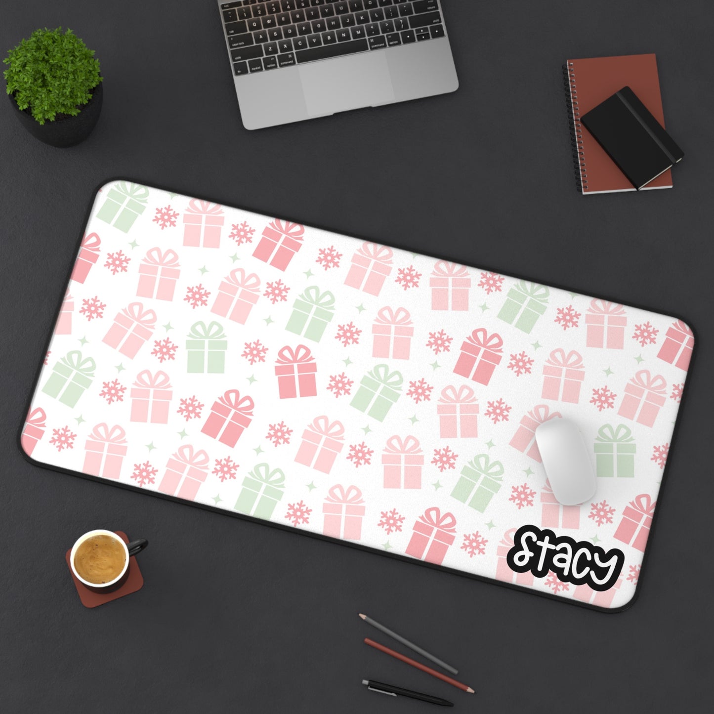 Pink Christmas Gift-Themed Desk Mat (white) - Personalized Holiday Workspace Decor
