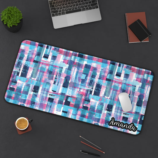 Personalized Blue and Pink Paint Brush Themed Geometric Desk Mat | Cute Desk Pad