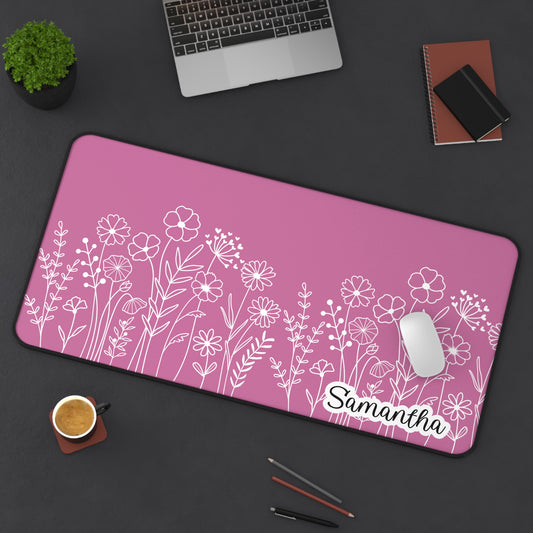 Minimalist Flower Field Personalized Desk Mat Pink | Personalized Desk Mat | Cute Desk Pad