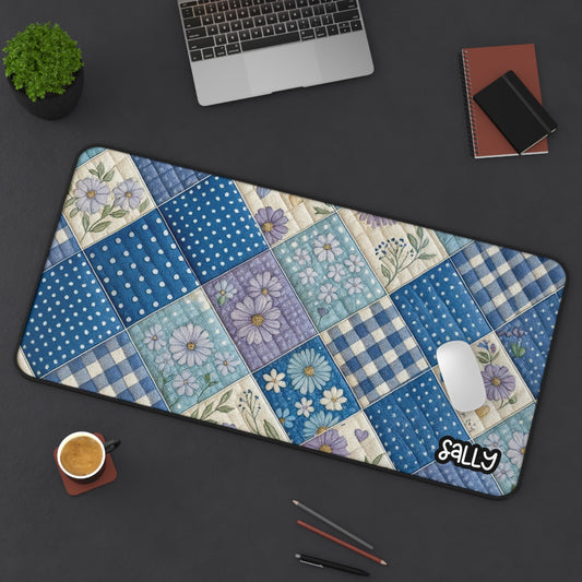 3D Quilt Patchwork Floral Desk Mat — Blue Floral Quilted Mouse Pad