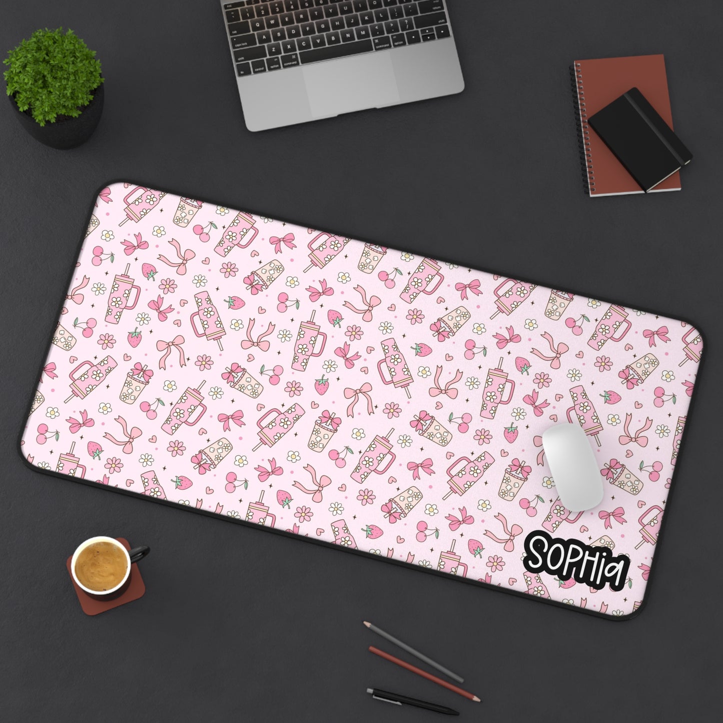 Cute Coffee & Ribbon Pattern | Pink Kawaii Desk Mat