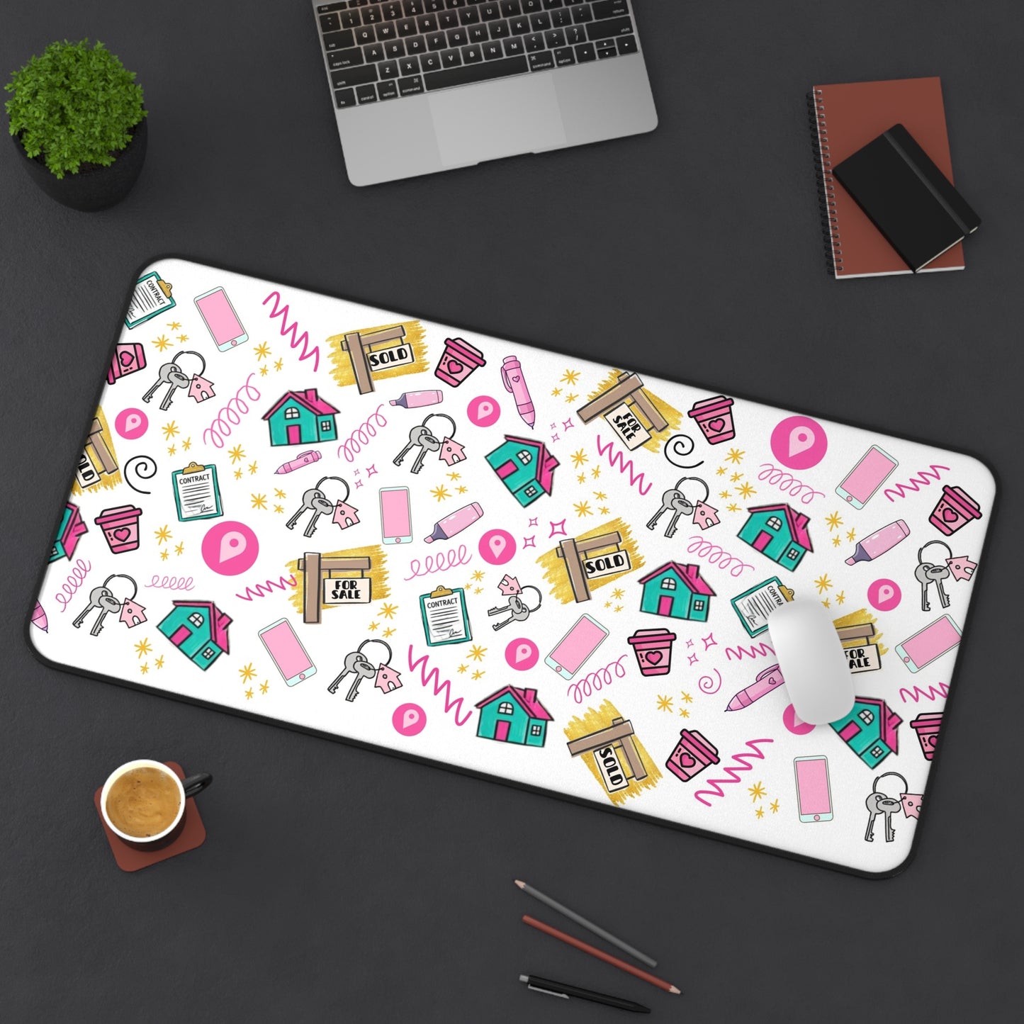 Cute Realtor Desk Mat — Realtor Keys, Home Icons Mouse Pad