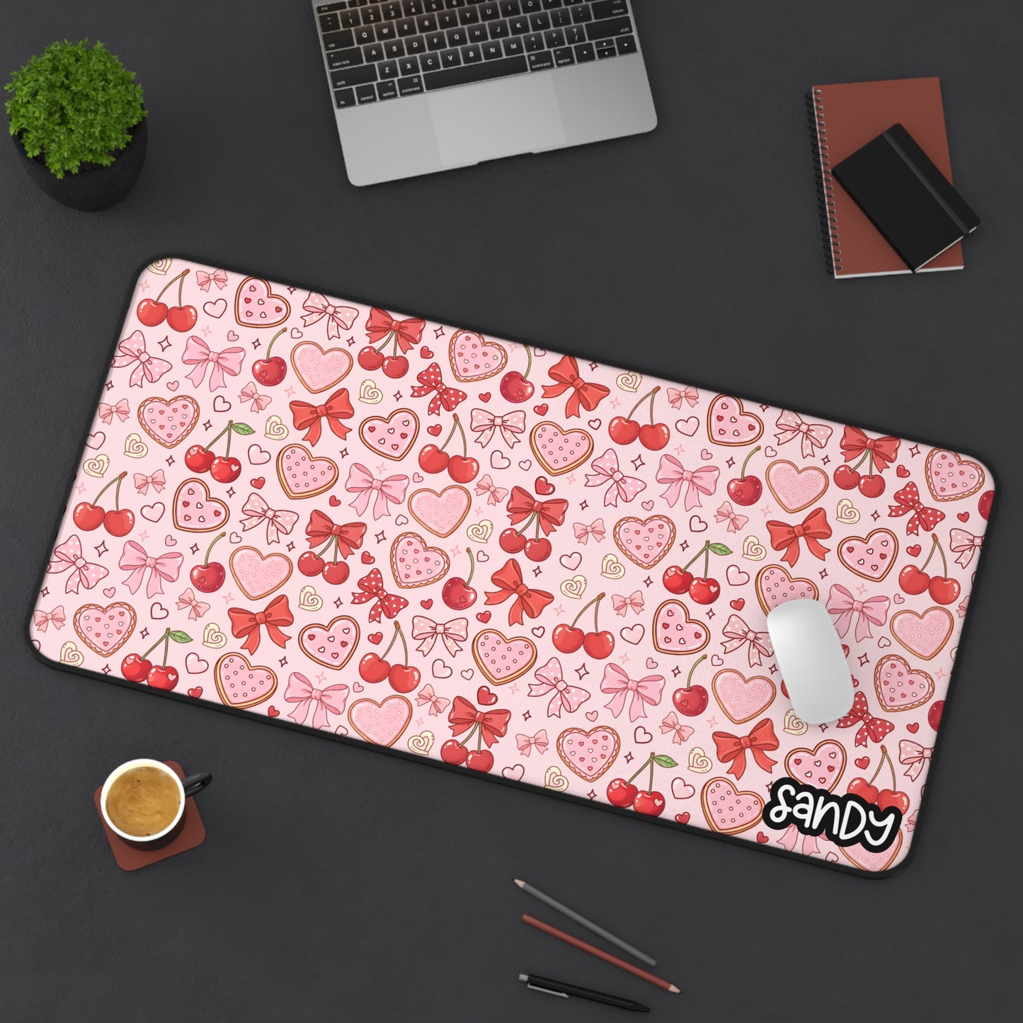 Pink Cherry & Hearts Desk Mat — Cute Valentine Gaming Mouse Pad