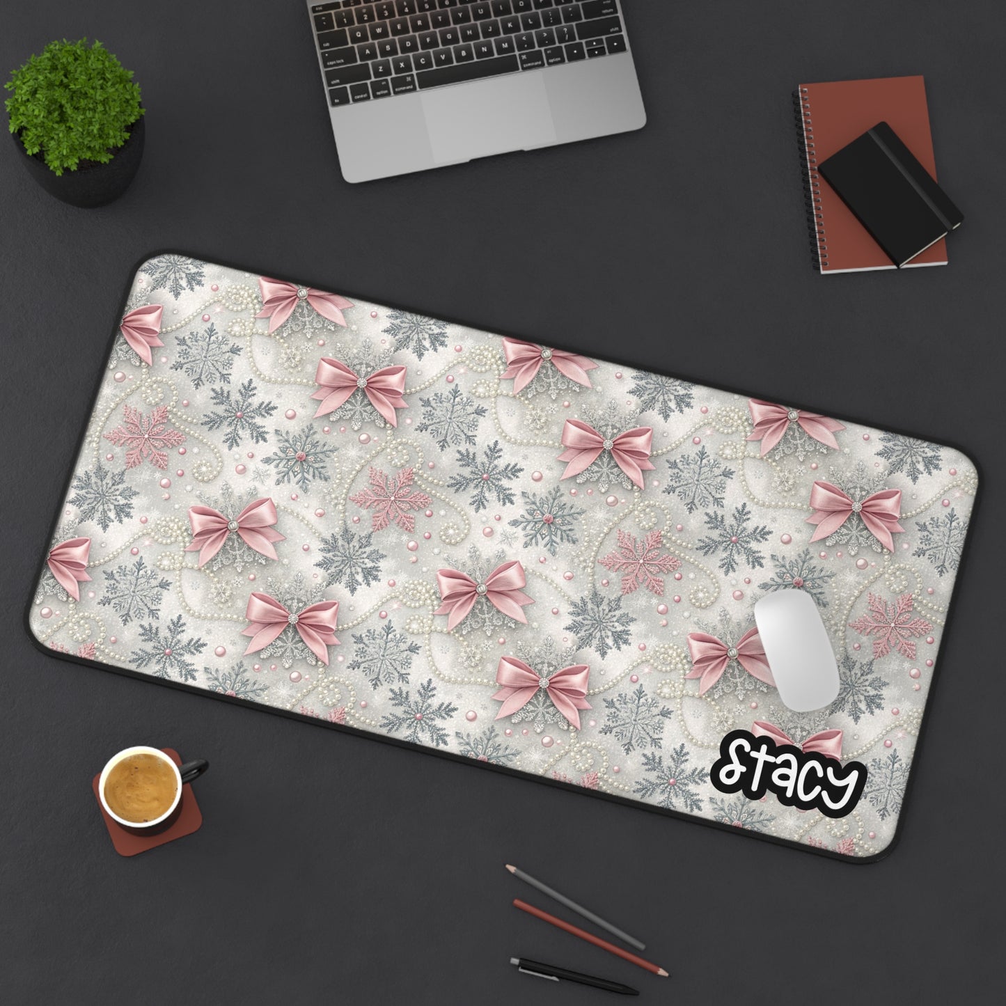 Personalized Holiday Desk Mat with Bows and Snowflakes