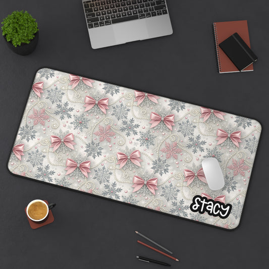 Personalized Holiday Desk Mat with Bows and Snowflakes
