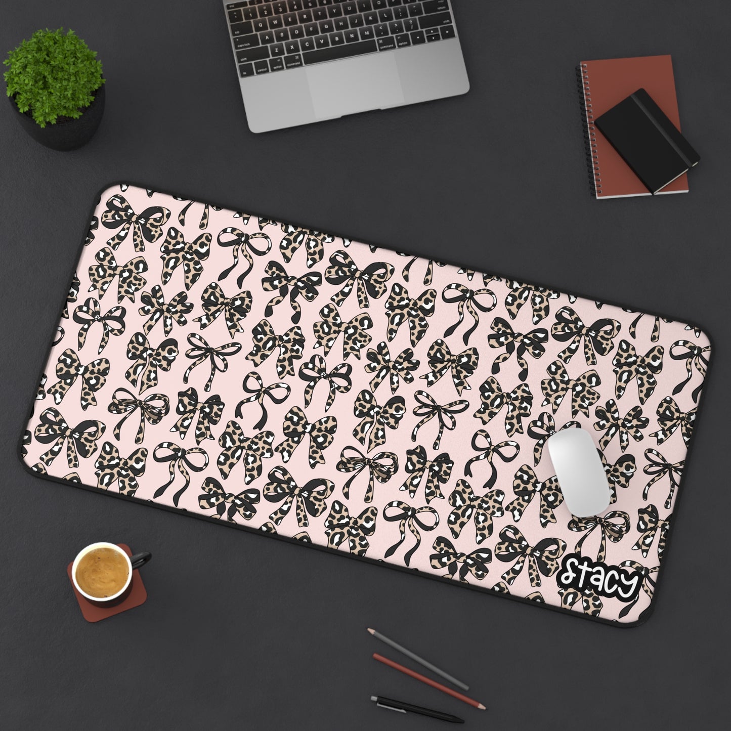 Pink Cheetah Bows Desk Mat — Girly Animal Print Mouse Pad with Name - Leopard Bows Mouse Pad