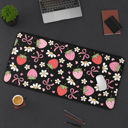Spring Flowers and Strawberries Desk Mat | Cute Desk Pad