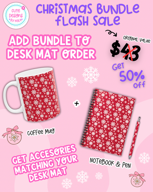 Add this bundle to your Christmas desk mat order and get it for 50% off - includes 11oz ceramic coffee mug, notebook & pen matching your desk mat design (original value $43 - 50% discount applied at checkout)