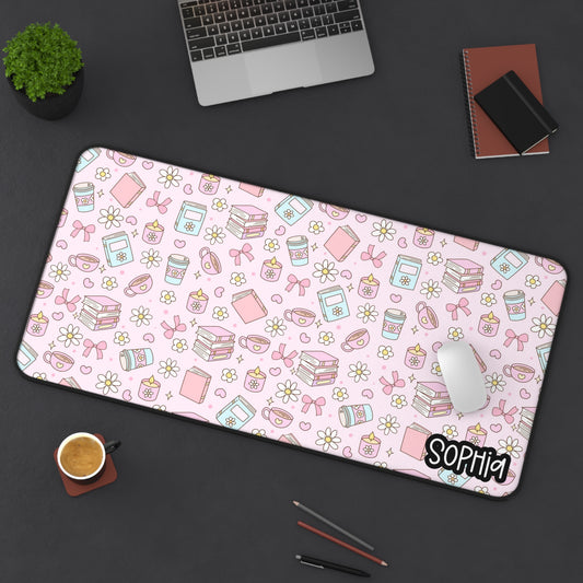 Soft Pink Bookish Girl Desk Mat | Pastel Study Desk Mat — Cute Pink Stationery Pattern with Custom Name