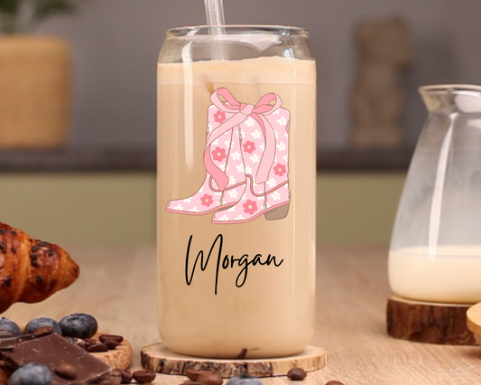 Personalized Pink Cowgirl Boots Glass Cup, 16oz | With Lid & Straw