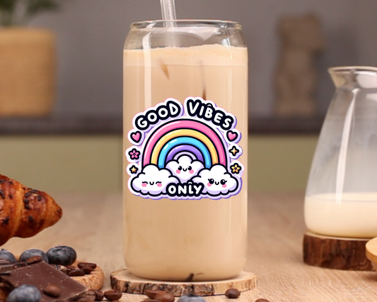 Good Vibes Only Glass Cup, 16oz | With Lid & Straw