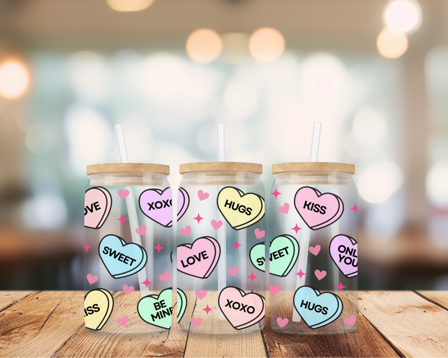 Valentine’s Glass Cup, 16oz | With Lid & Straw