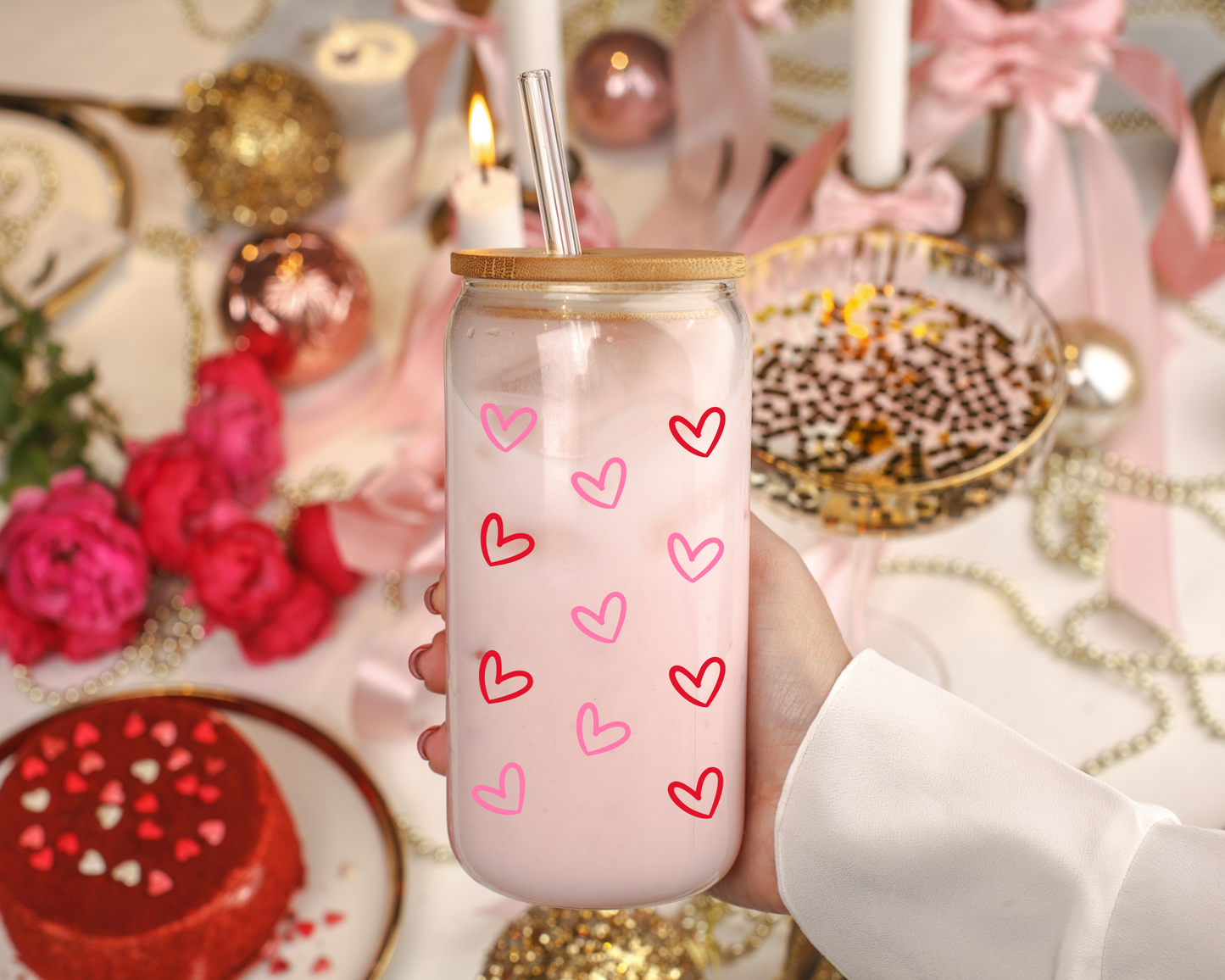 Valentine’s Glass Cup, 16oz | With Lid & Straw