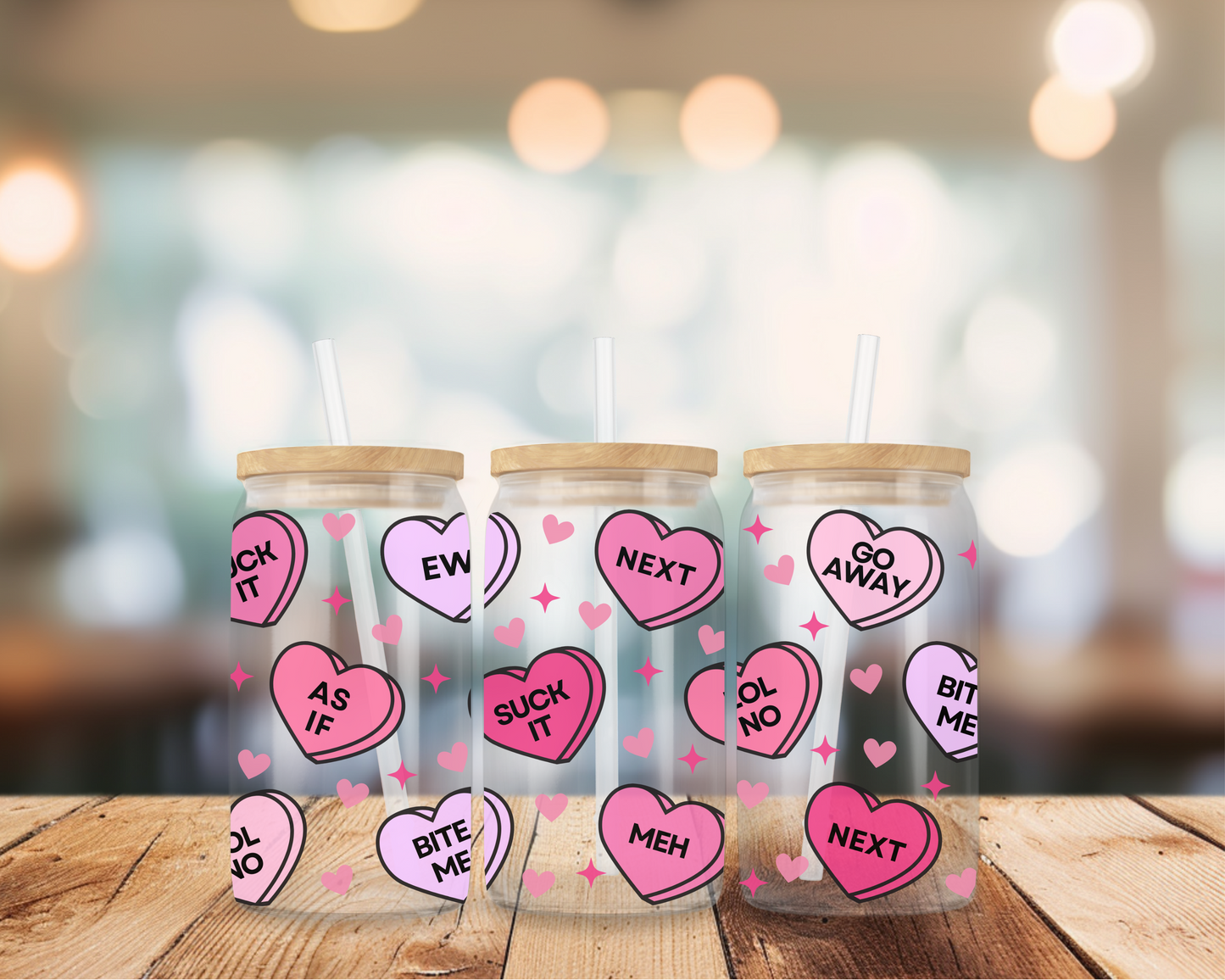 Valentine’s Glass Cup, 16oz | With Lid & Straw