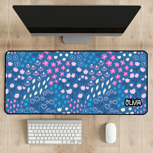 Personalized Floral Blue Background Desk Mat | Cute Desk Pad