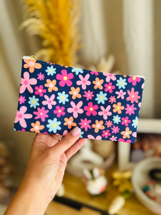 Colorful Retro Floral Design Pencase / Accesory Bag - Navy Blue