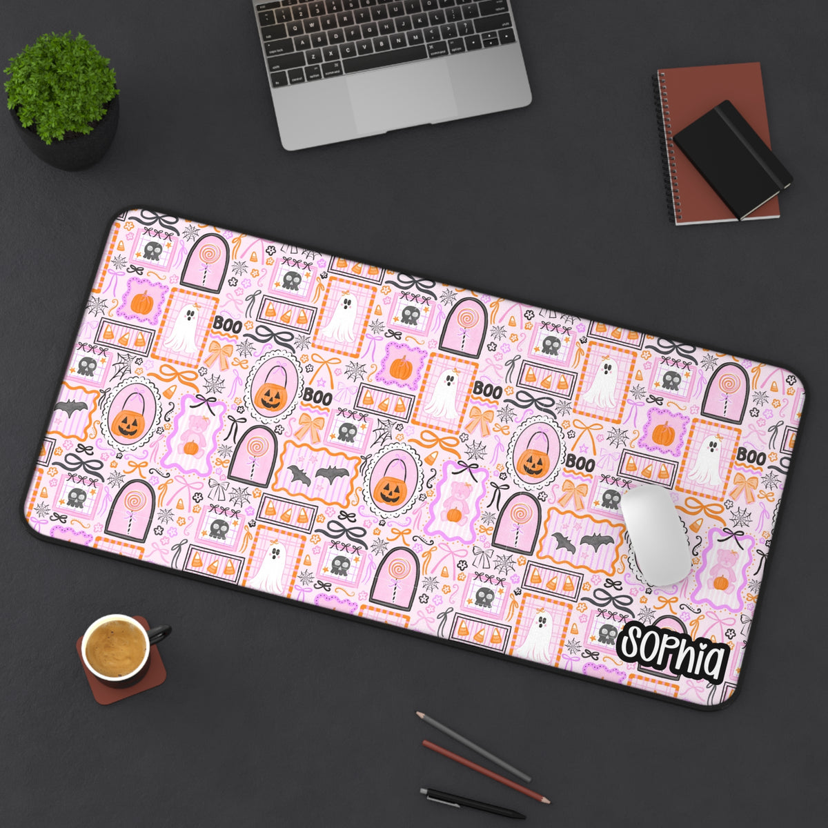 Pink Preppy Halloween Desk Mat | Cute Ghost, Pumpkin & Bow Desk Pad | Personalized Halloween Desk Decor