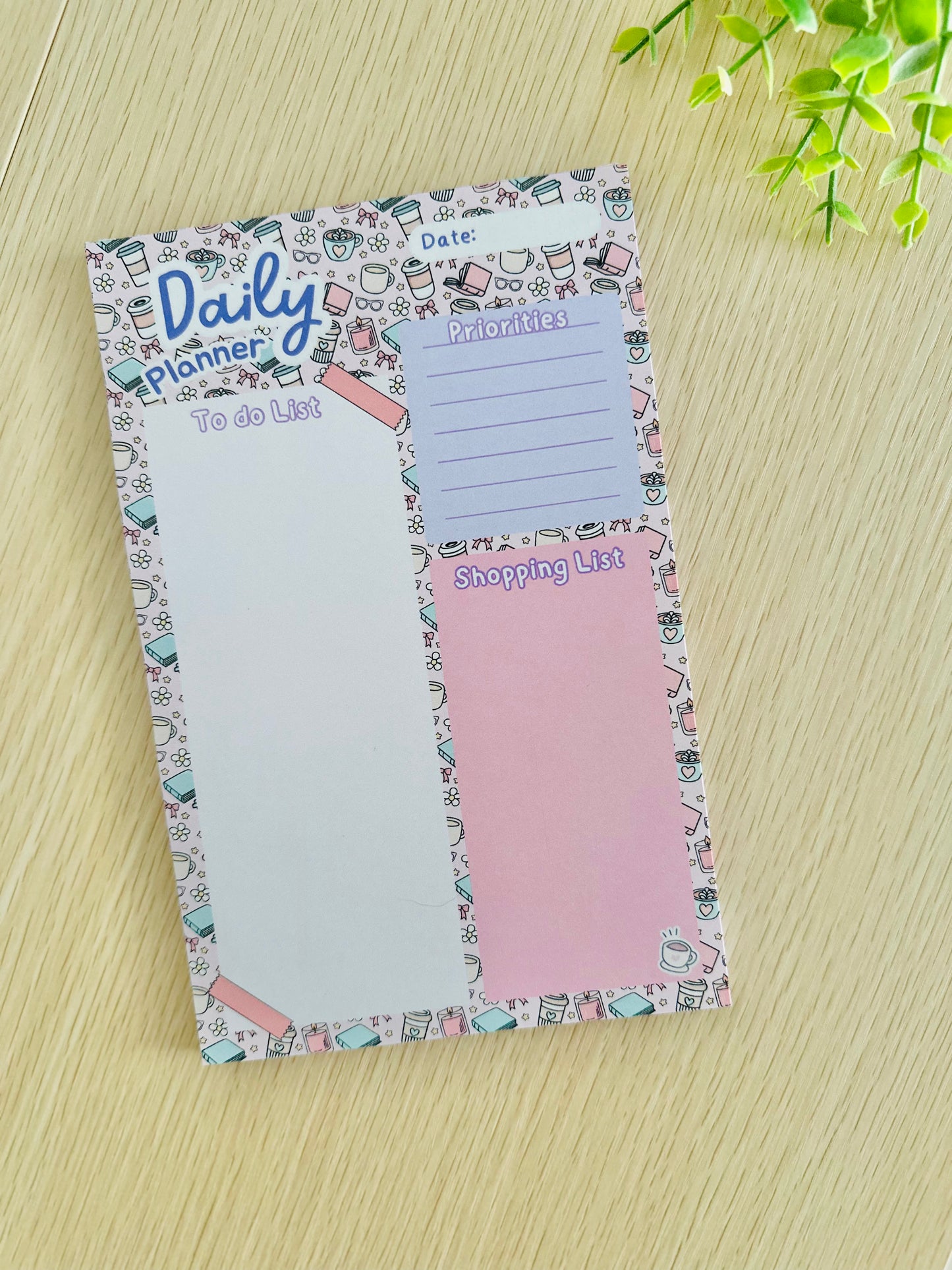 Daily Planner Notepad 8x6 with Pink Pen – Cute Aesthetic To‑Do List, Priorities & Shopping List Desk Pad